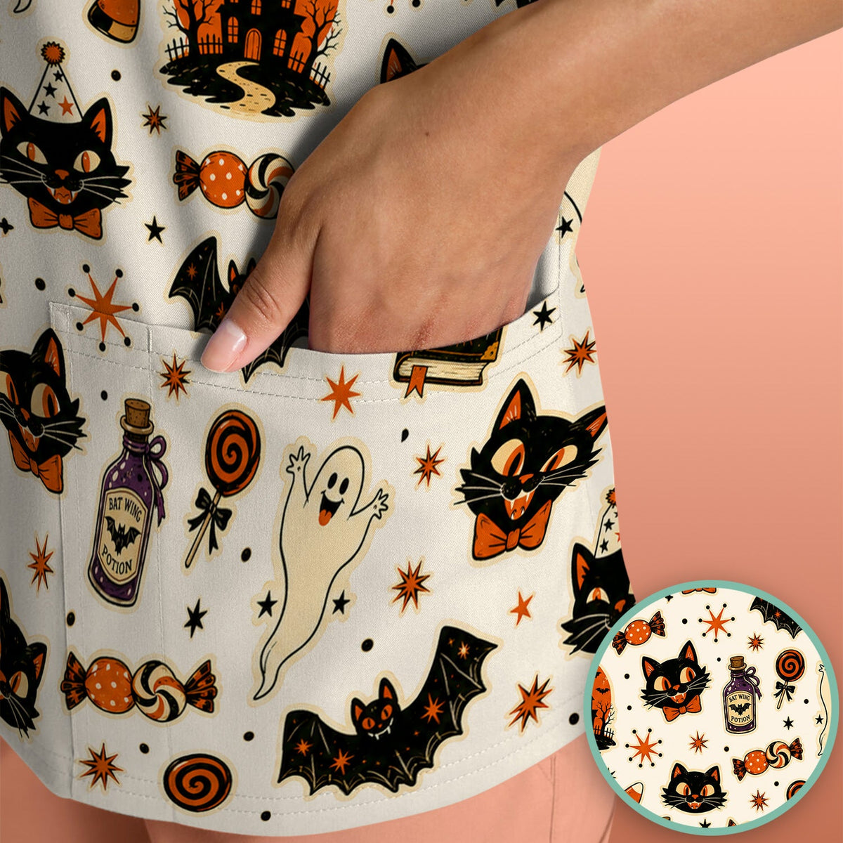 Black Cat Ghost Candy Nurse Scrub Top - Halloween Gift