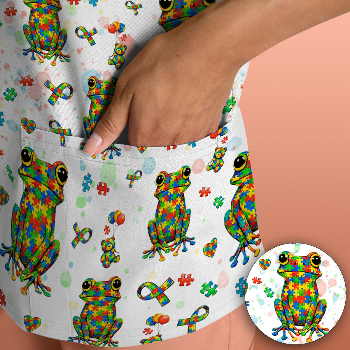 Colorful Autism Puzzle Frog Nurse Scrub Top