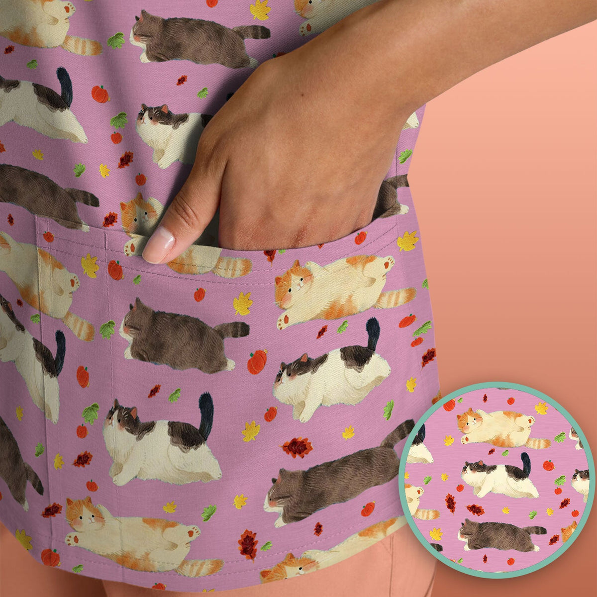 Chubby Cat Autumn Leaves Nurse Scrub Top