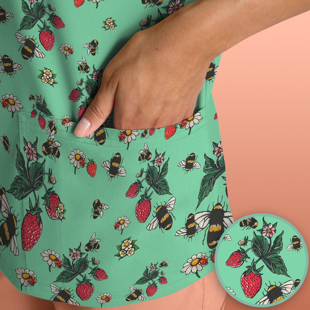 Strawberry Bee Daisy Nurse Scrub Top