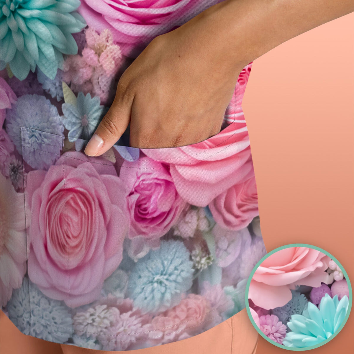 Pastel Floral Dream Scrub Top, Soft Pink Rose & Candy Color Bloom Nursing Uniform