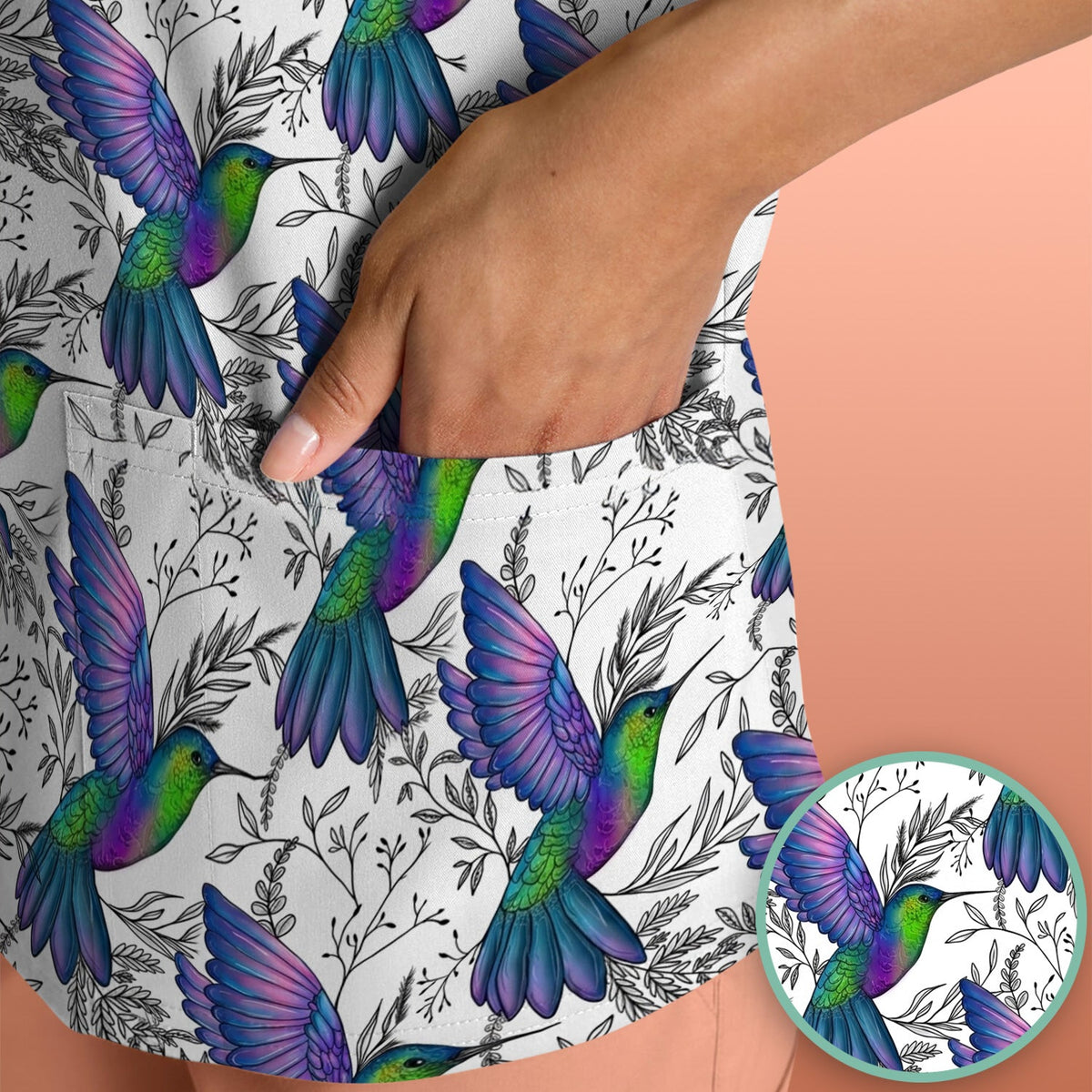 Colorful Hummingbird Botanical Nurse Scrub Top