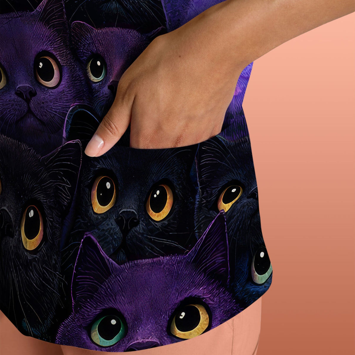Cute Cat Eyes Pattern Scrub Top for Nurses, Breathable Fabrics Nursing Uniform