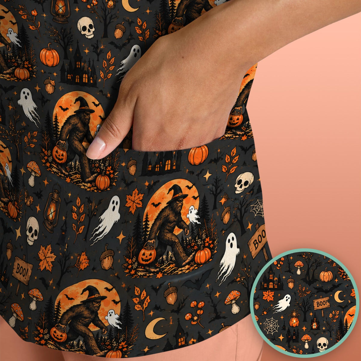 Bigfoot Ghost with Pumpkin Nurse Scrub Top - Halloween Gift