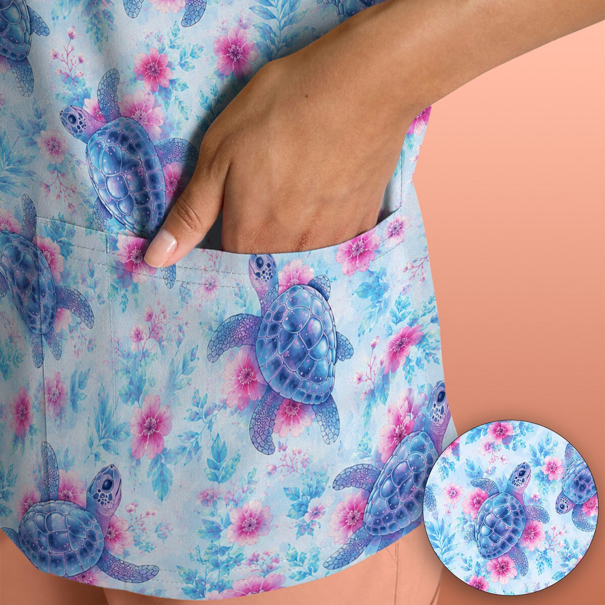 Sea Turtle Floral Nurse Scrub Top