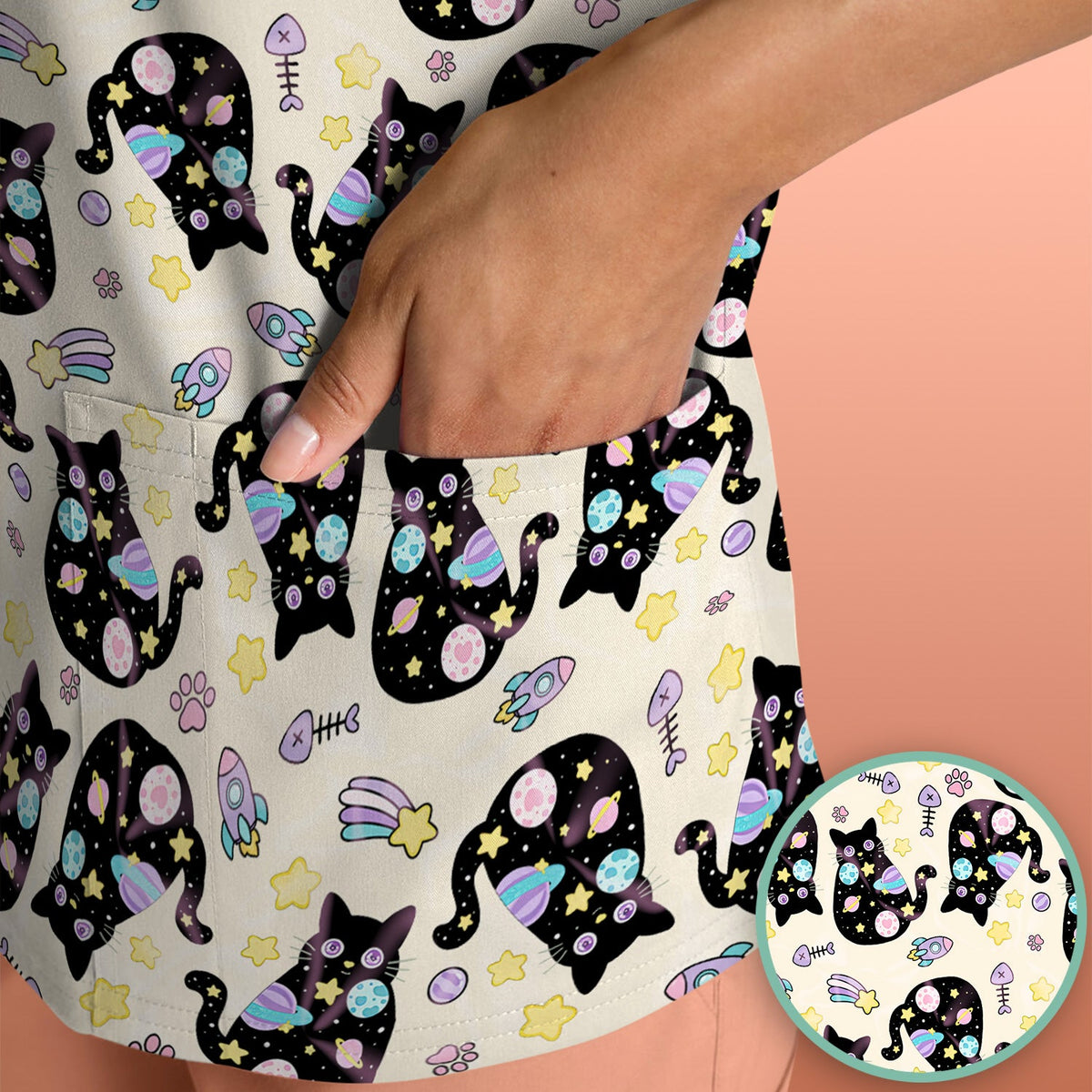 Galaxy Black Cat Space Nurse Scrub Top