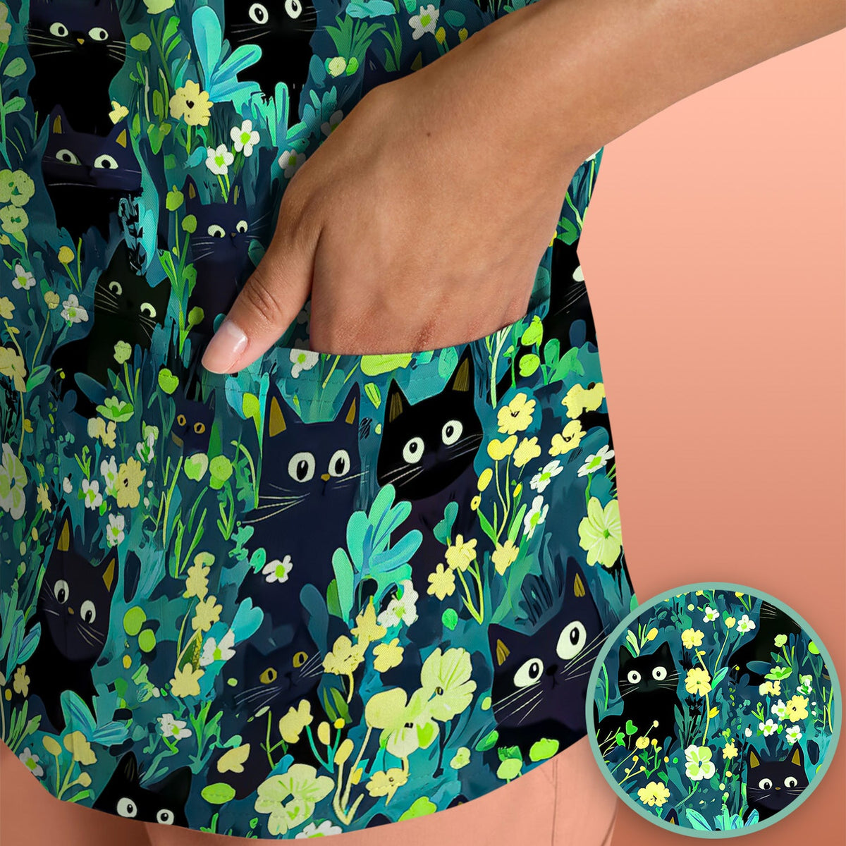 Black Cat Floral Nurse Scrub Top