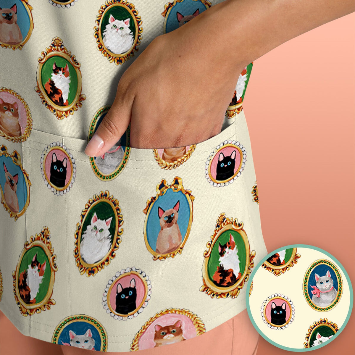 Vintage Cat Portrait Nurse Scrub Top