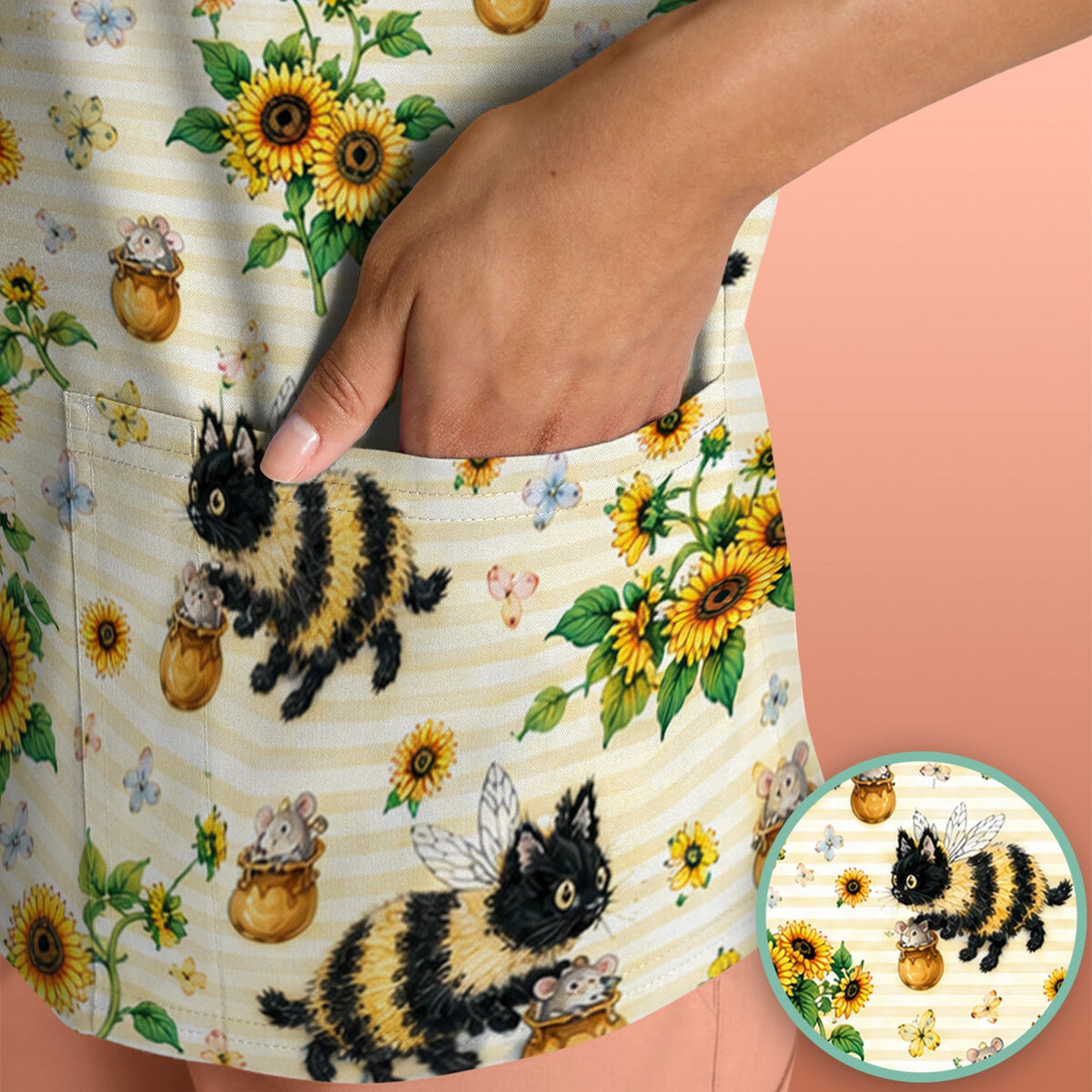 Bumblebee Cat Sunflower Nurse Scrub Top