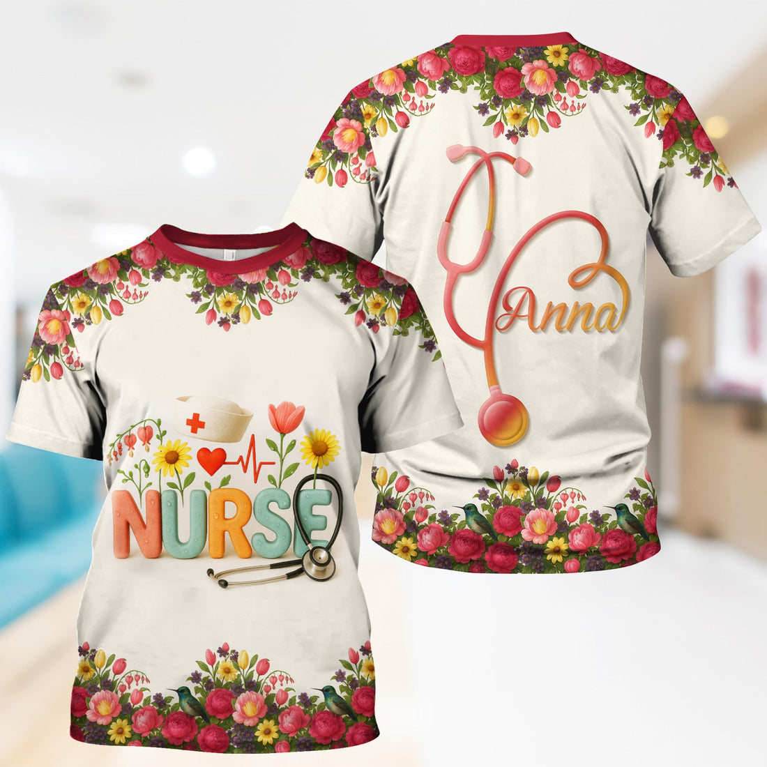 Personalized Floral Stethoscope Nurse Shirt