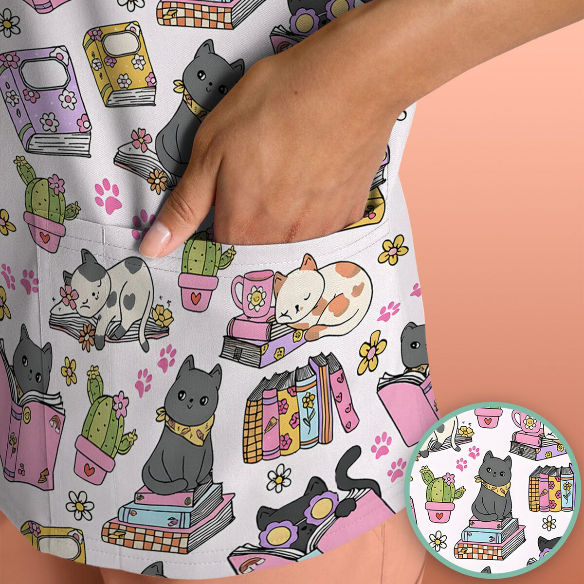 Cat Book Cactus Nurse Scrub Top