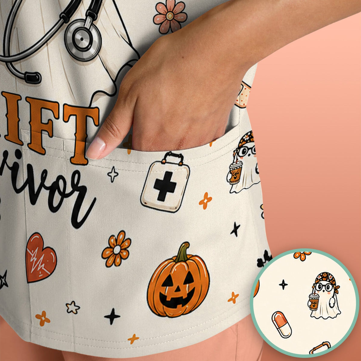 Shift Survivor Ghost Nurse Scrub Top - Halloween Gift