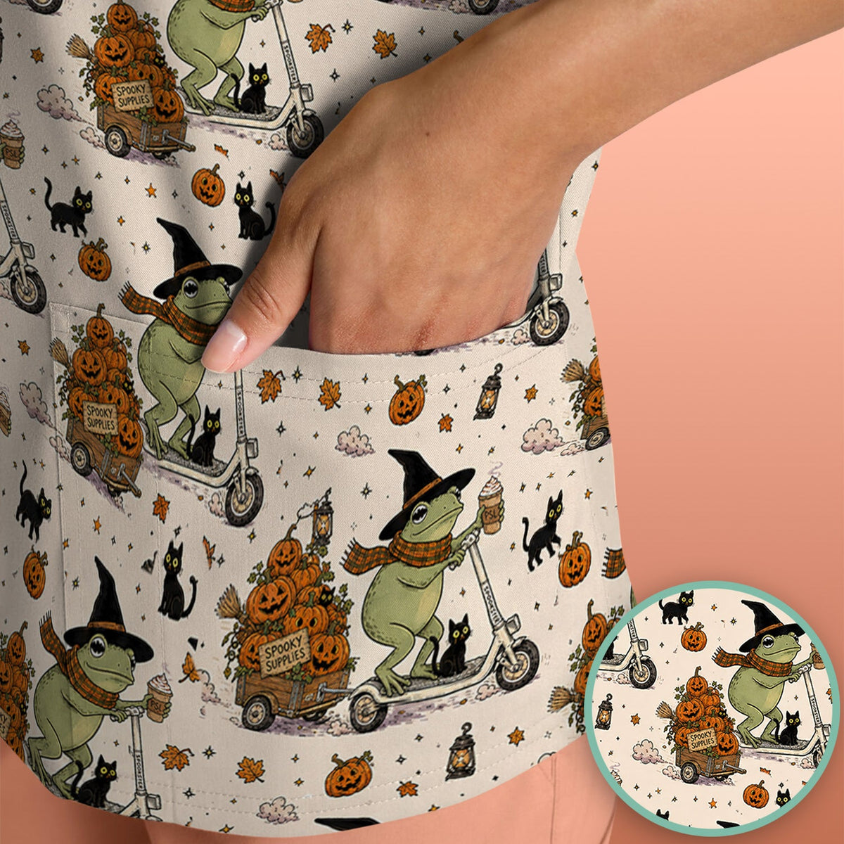 Halloween Witch Frog Pumpkins Nurse Scrub Top