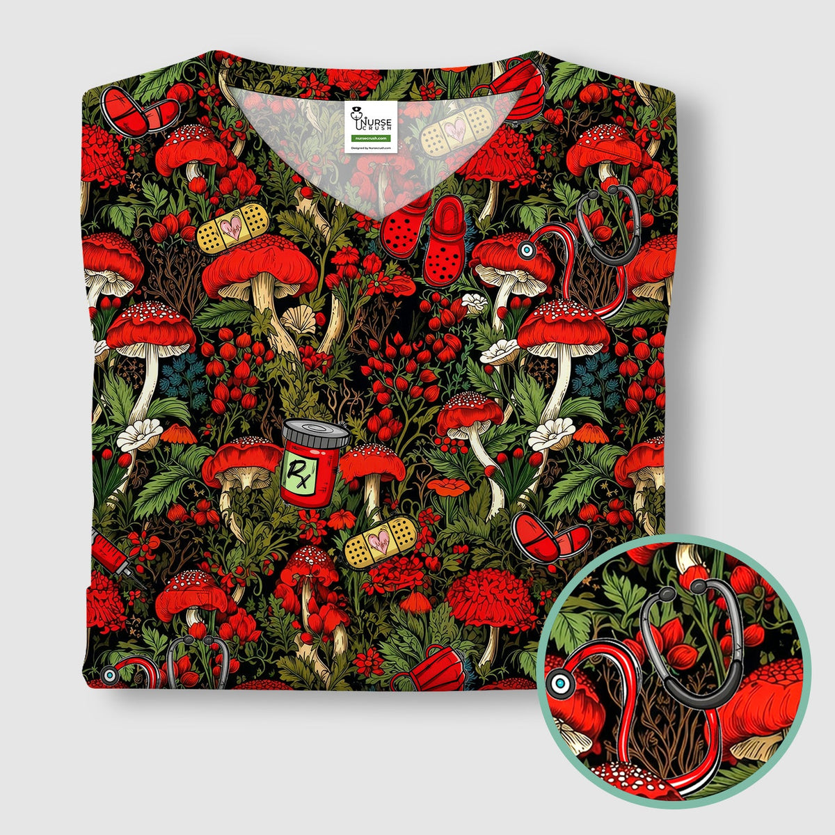Red Mushroom Forest Nurse Scrub Top
