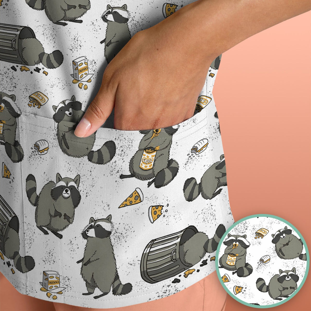 Raccoon Snack Trash Can Nurse Scrub Top