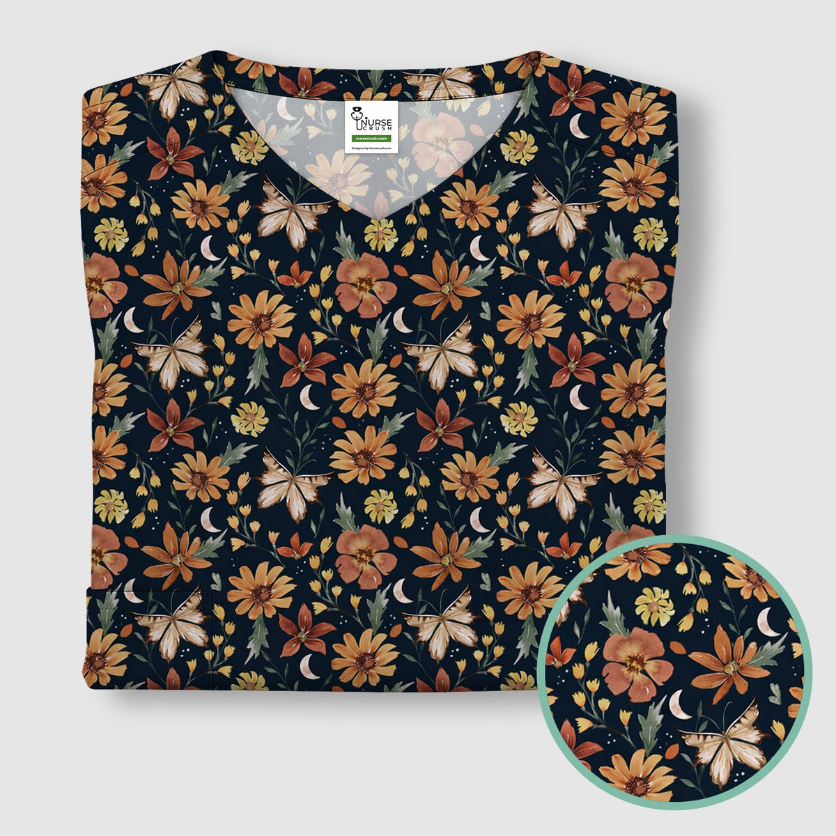Autumn Floral Butterfly Moon Nurse Scrub Top