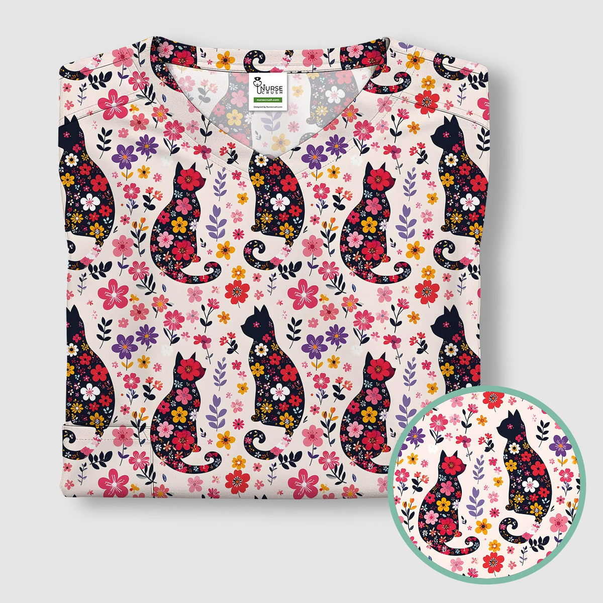 Floral Cat Silhouette Spring Garden Nurse Scrub Top