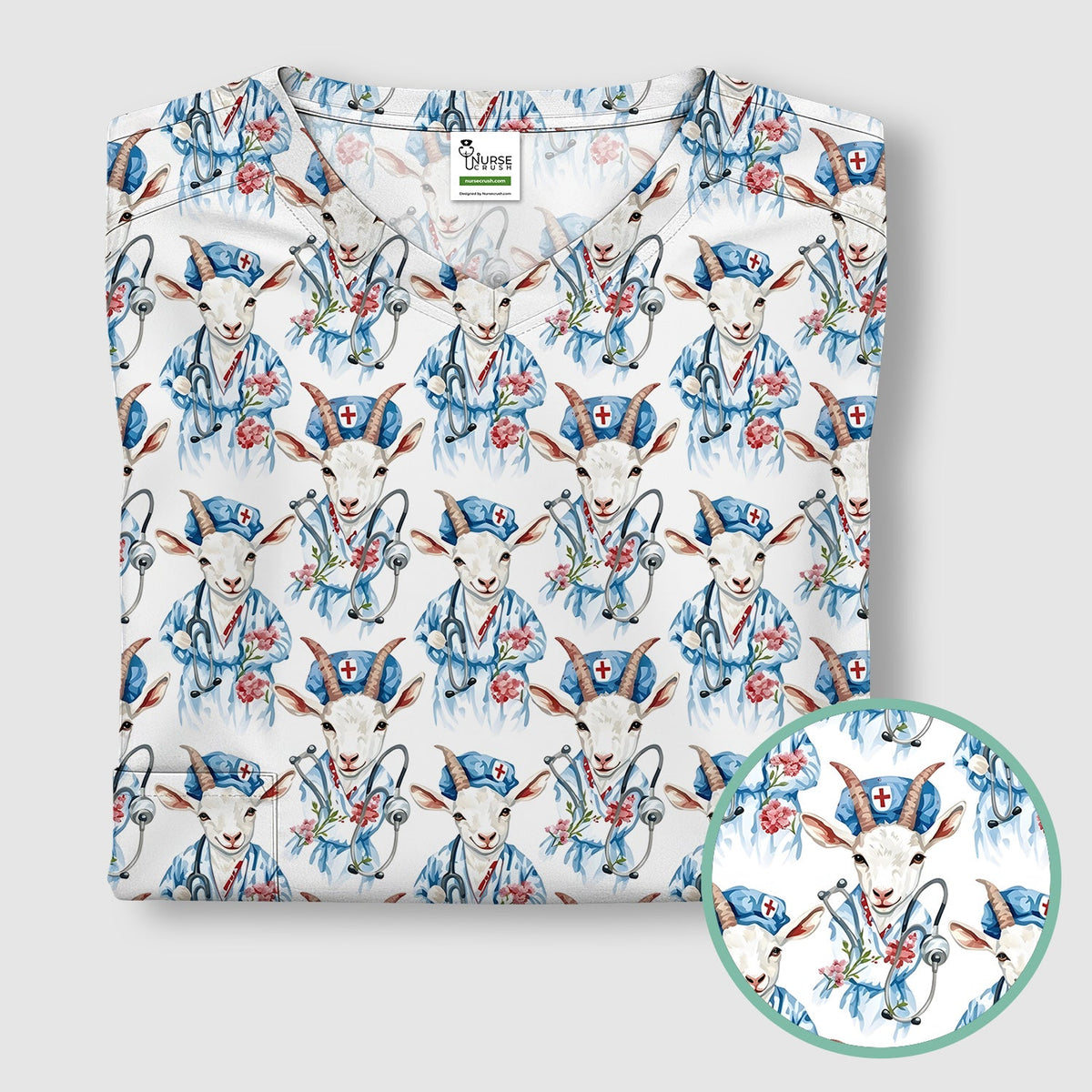 Cute Goat Animal Lover Pattern Scrub Top, Comfortable Scrubs for Nurses