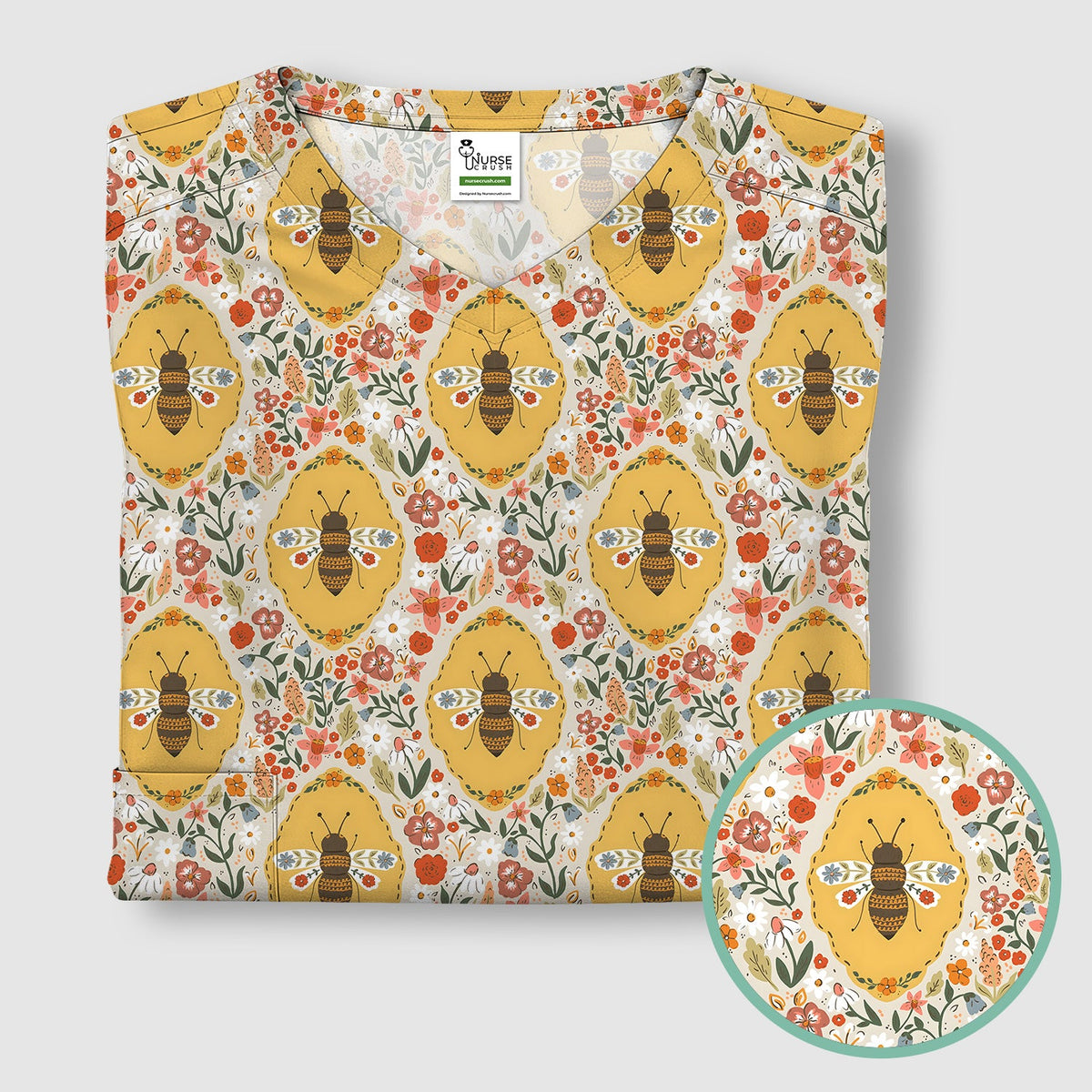Vintage Honeybee Floral Garden Nurse Scrub Top