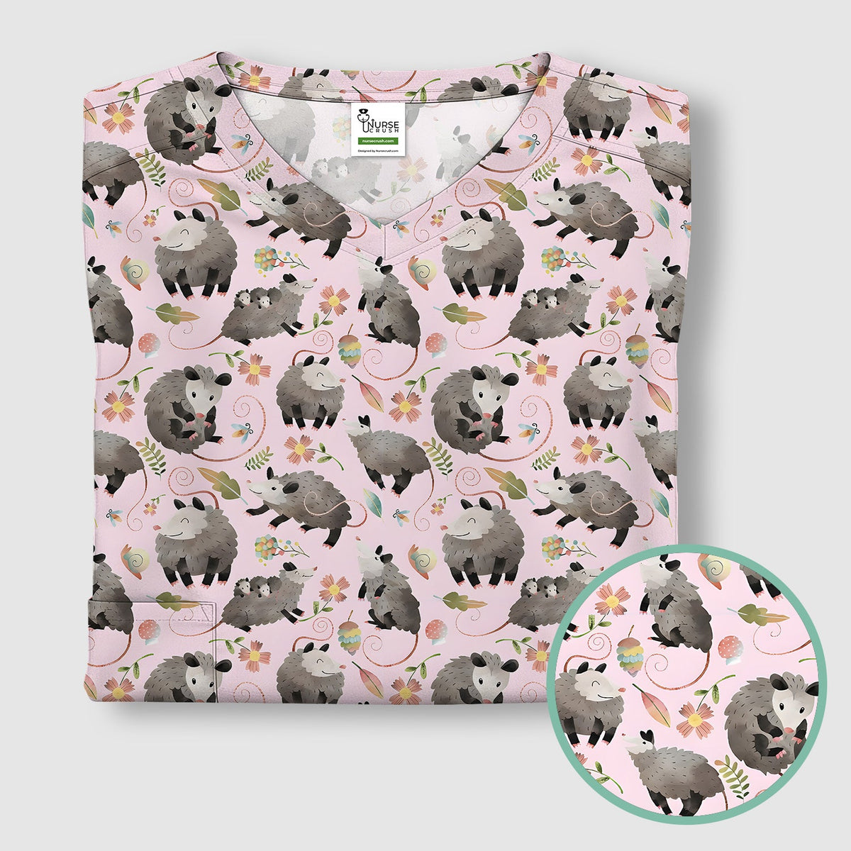 Opossum Playing Flower Garden Nurse Scrub Top