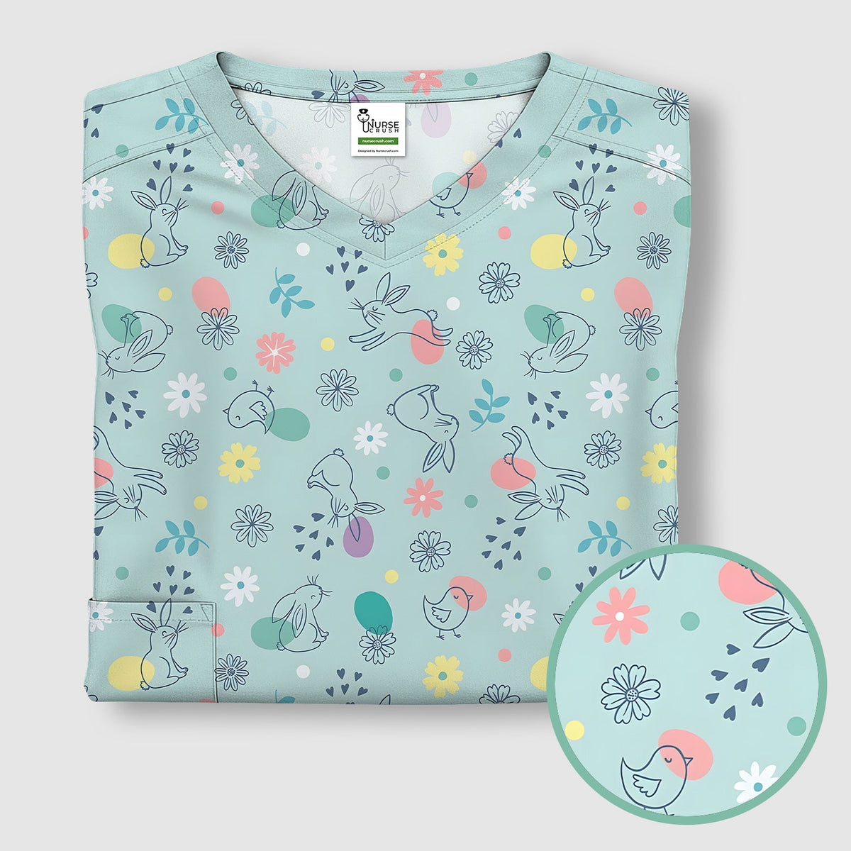 Whimsical Easter Bunny Eggs Nurse Scrub Top