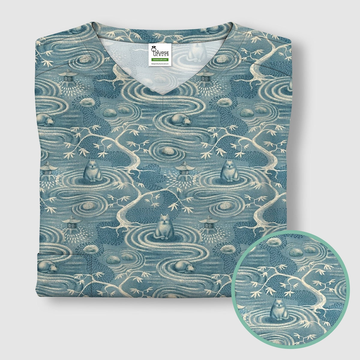 Zen Cat Water Garden Nurse Scrub Top