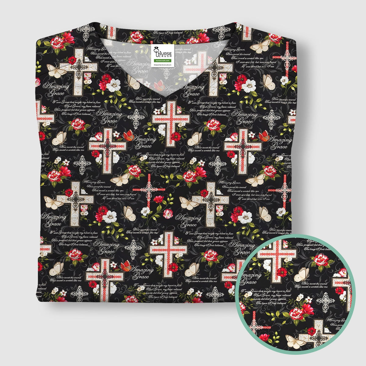 Christian Cross Roses And Butterflies Nurse Scrub Top