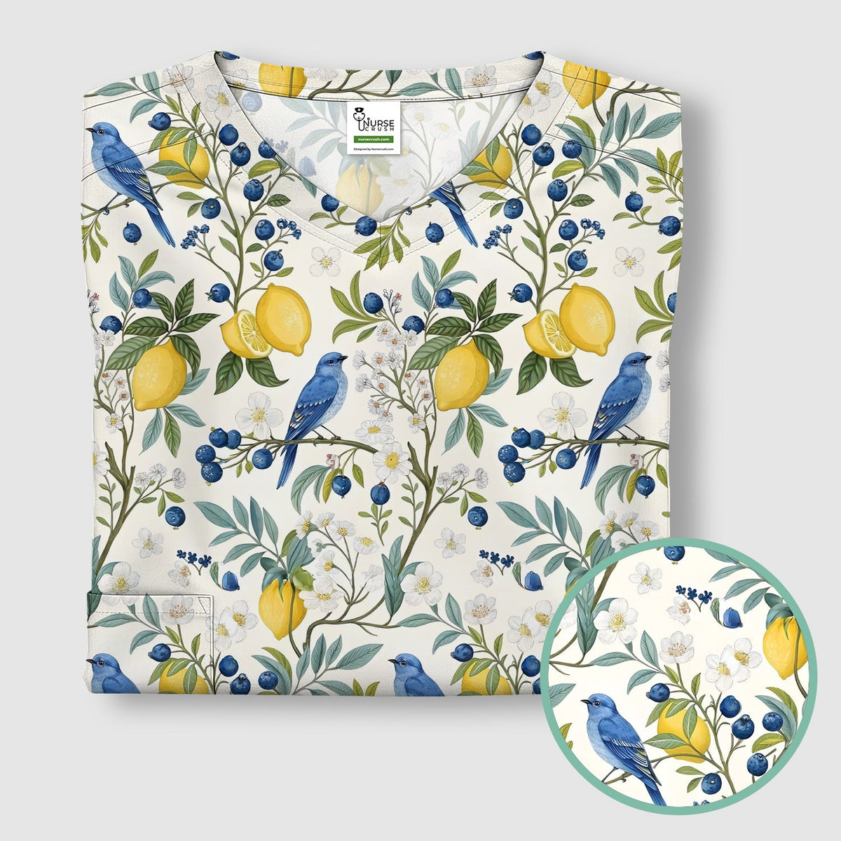Cute Bluebird Lemon Berry Nurse Scrub Top