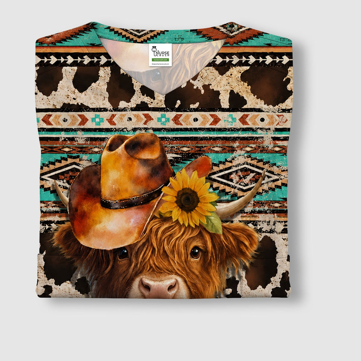 Western Highland Cow Sunflowers Nurse Scrub Top