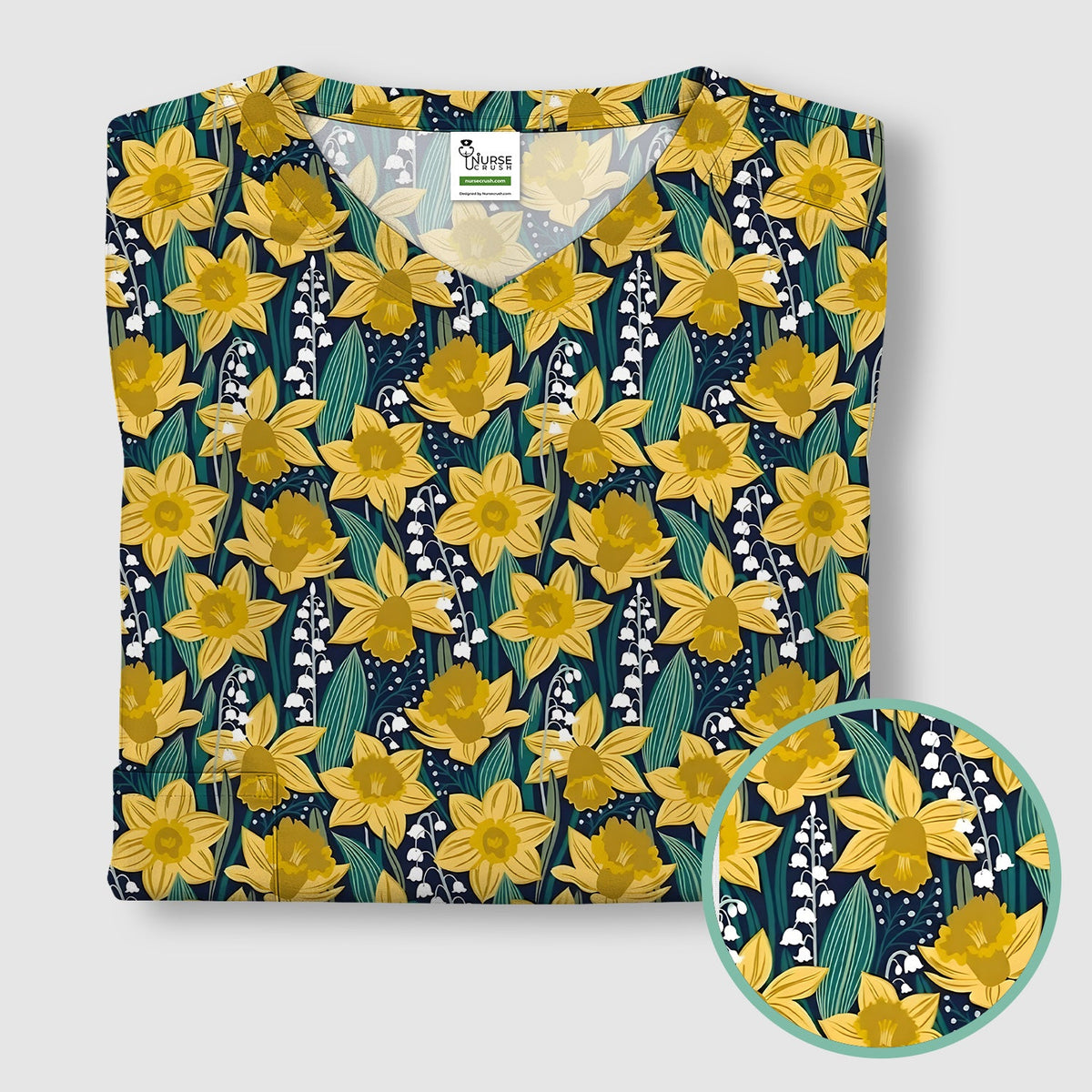 Yellow Daffodil Lily Valley Pattern Scrub Top, Comfortable Scrubs for Nurses