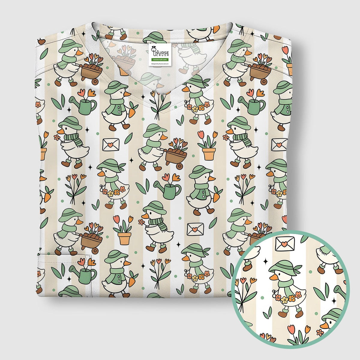 Gardening Duck Floral Nurse Scrub Top