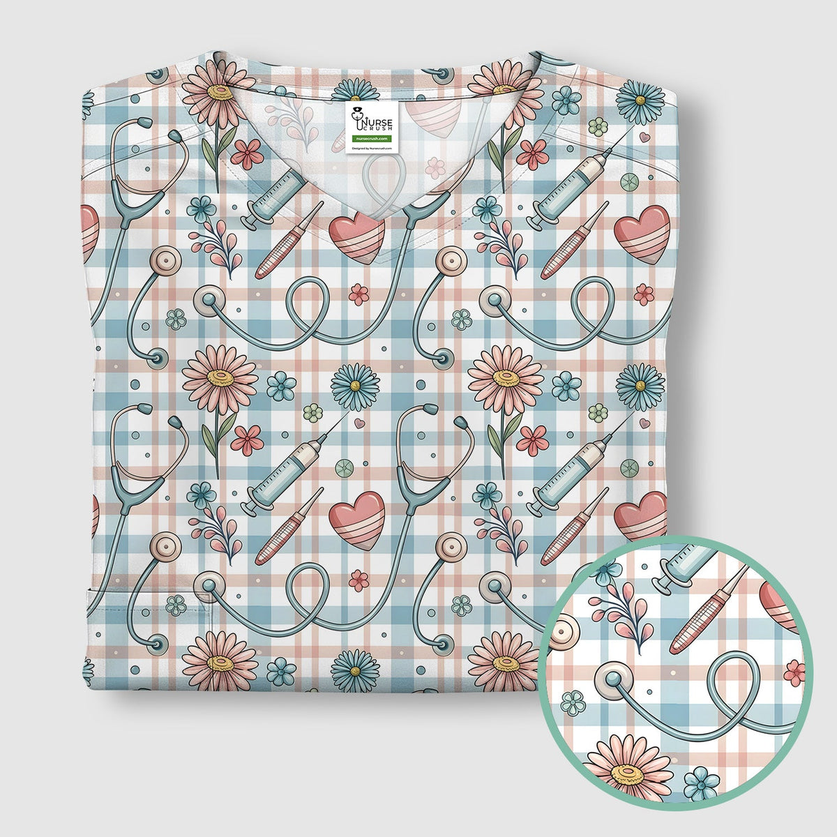 Stethoscope Heart Syringe Floral Plaid Nurse Scrub Top