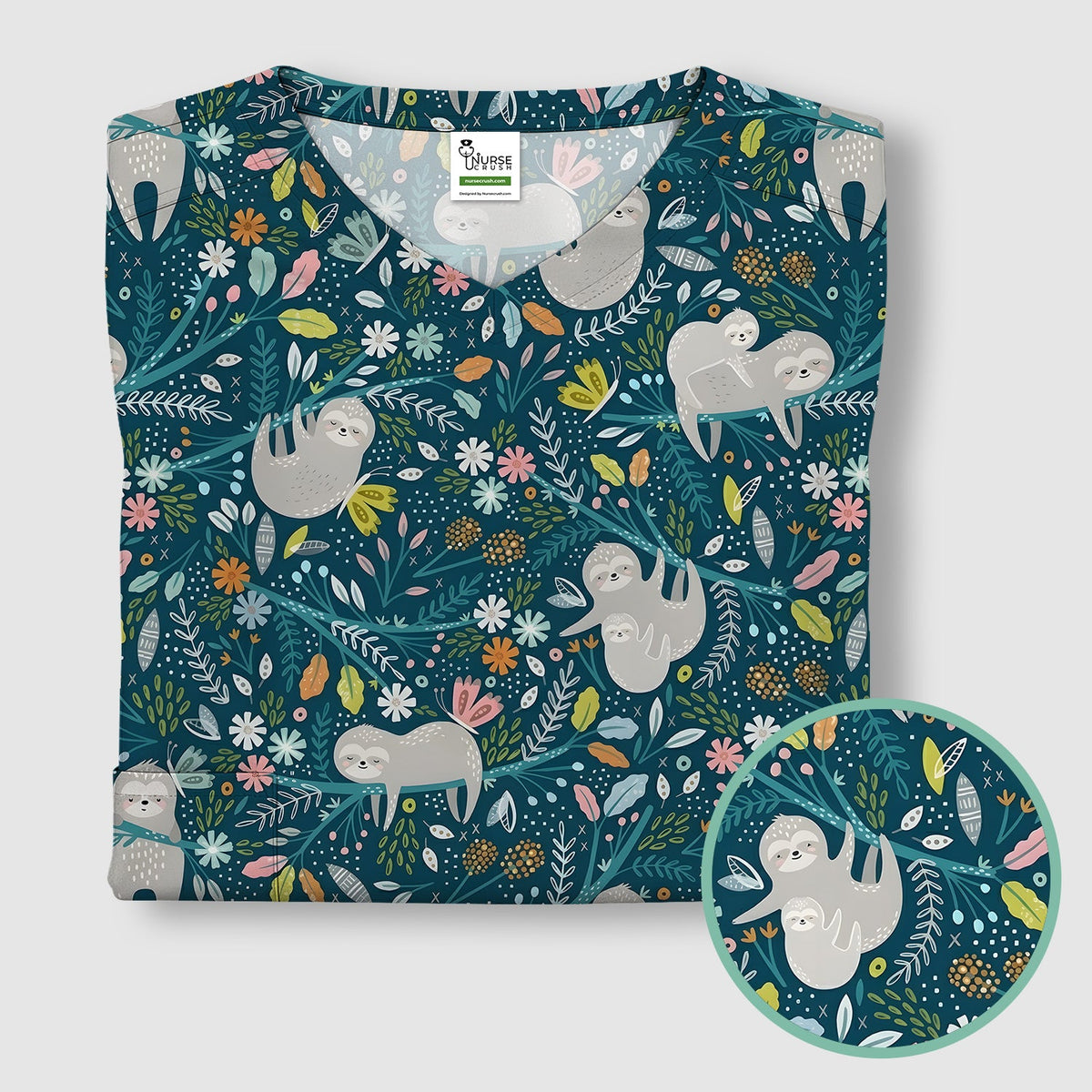 Sloth Jungle Leaf Nurse Scrub Top