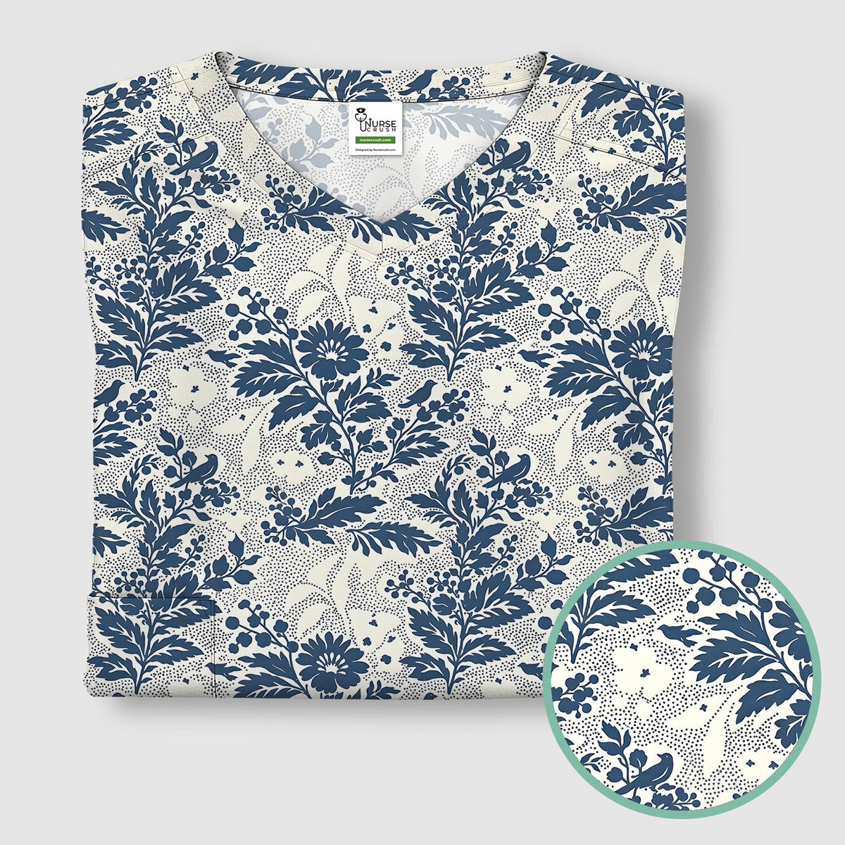 Cute Blue Floral Botanical Nurse Scrub Top