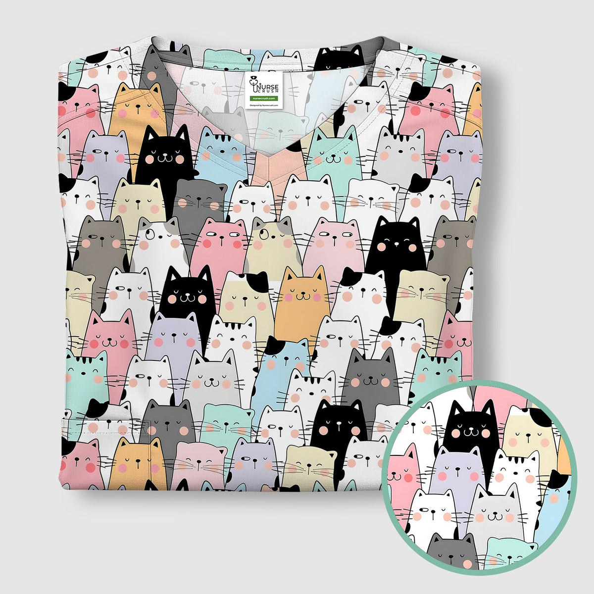 Cartoon Cat Crowd Nurse Scrub Top