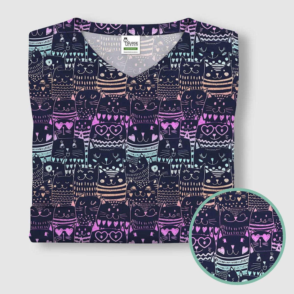 Neon Cat Faces Nurse Scrub Top