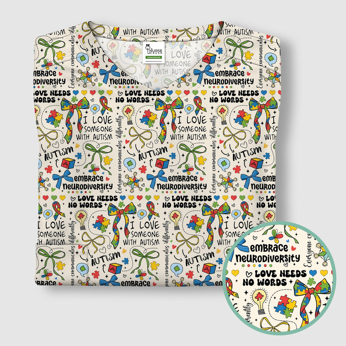 Autism Awareness Puzzle Ribbon Pastel Nurse Scrub Top