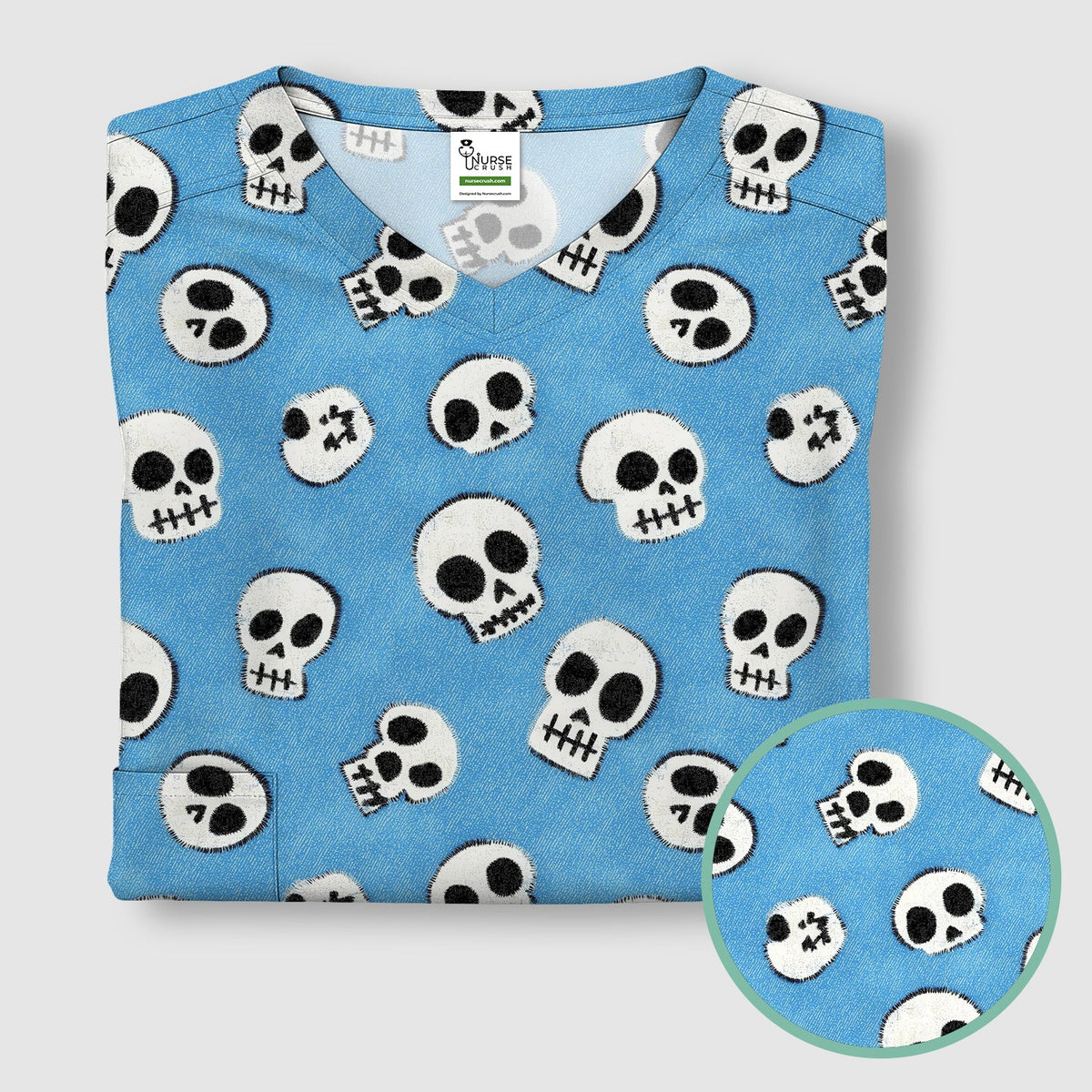 Blue Skull Nurse Scrub Top - Halloween Gift