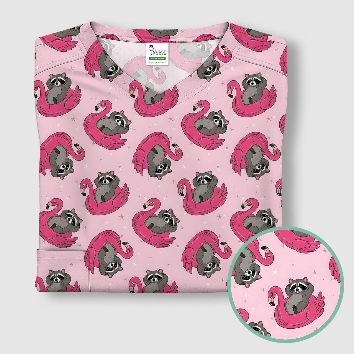 Raccoon Flamingo Float Nurse Scrub Top