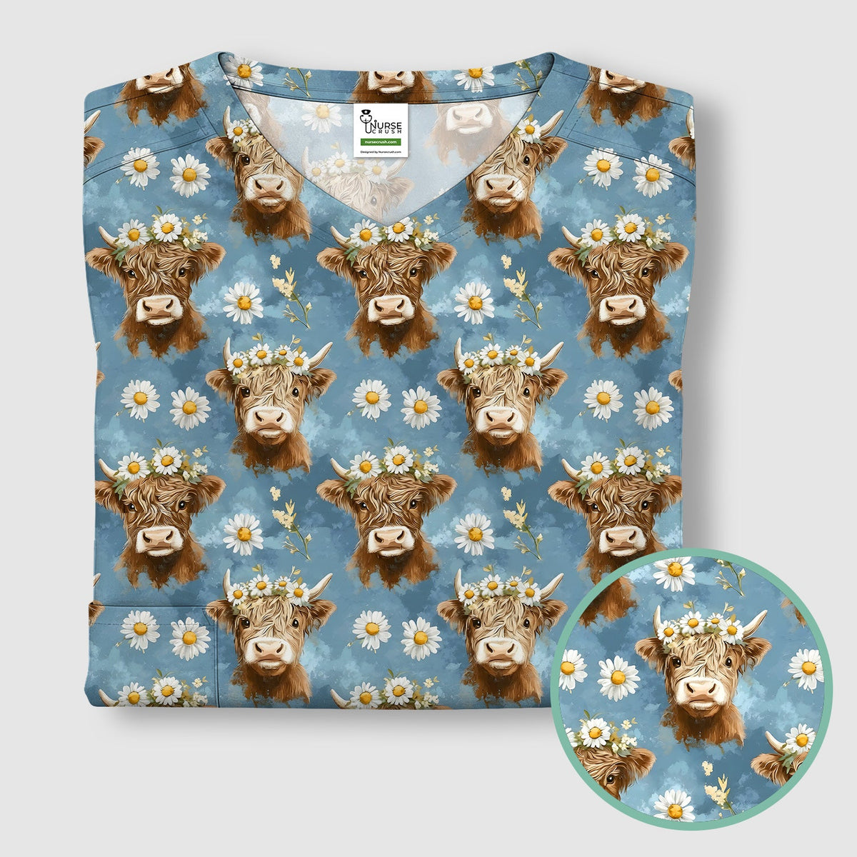 Highland Cow Daisy Flower Nurse Scrub Top