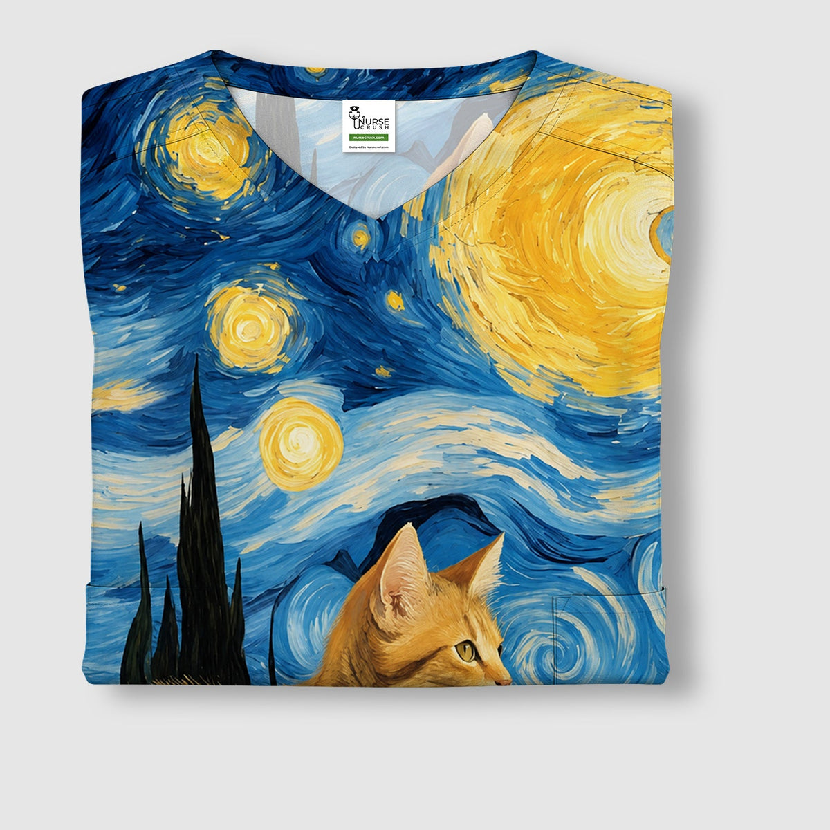 Swirling Moonlit Cat Scene Nurse Scrub Top