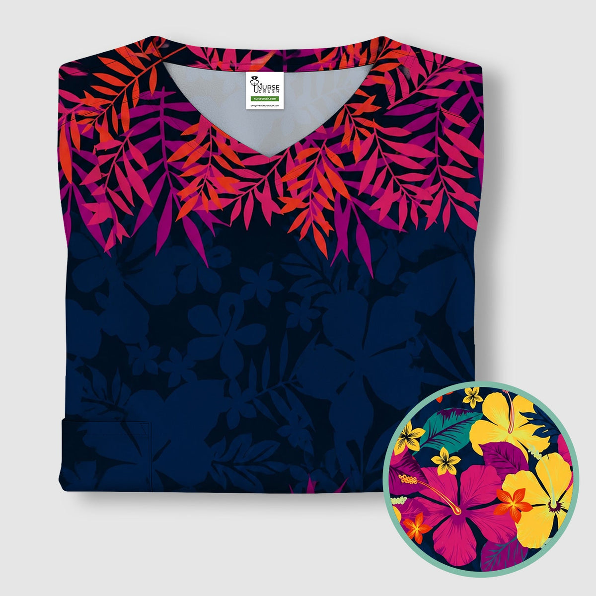 Tropical Hibiscus Palm Leaf Nurse Scrub Top
