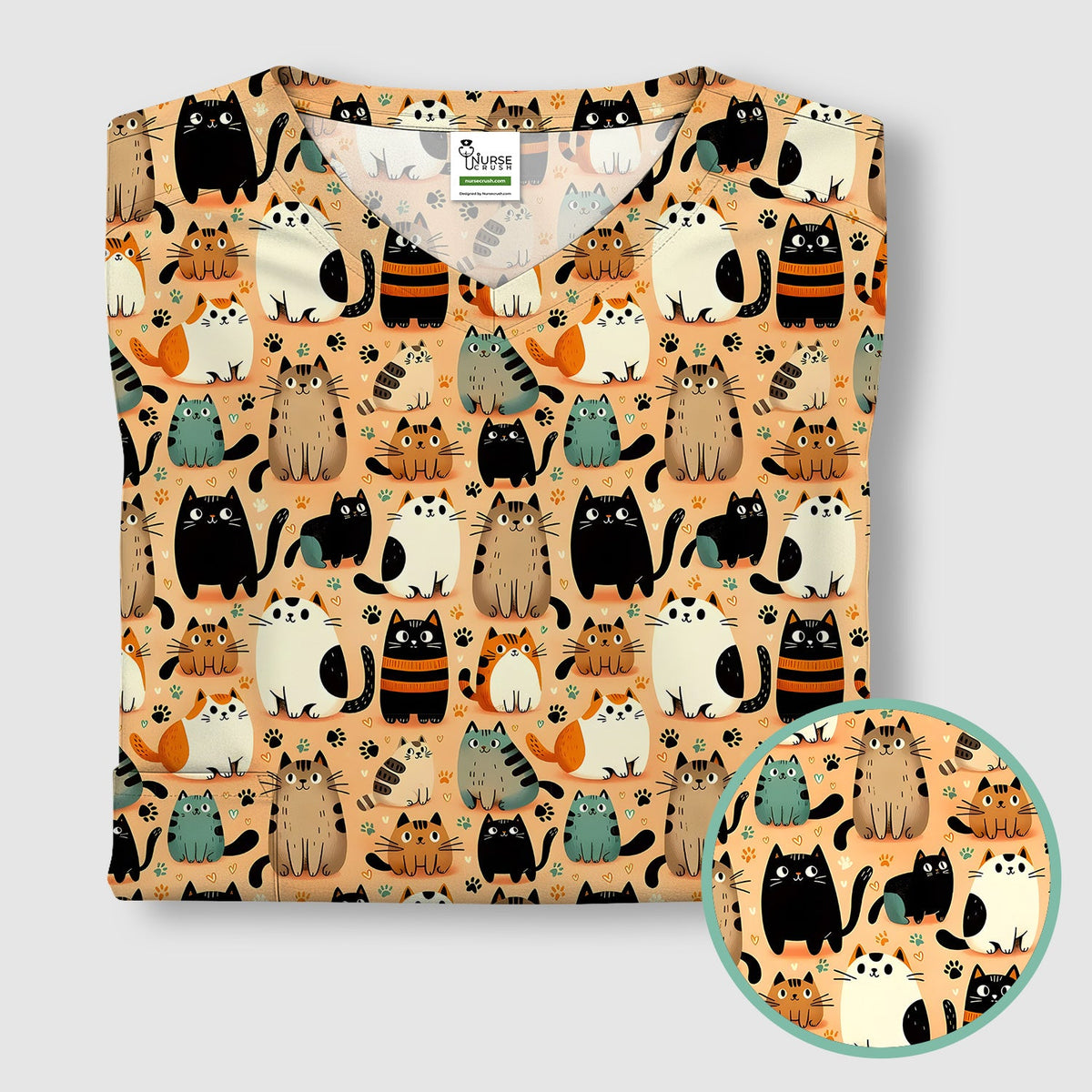 Cat Parade Doodle Pattern Scrub Top, Comfortable Scrubs for Nurses