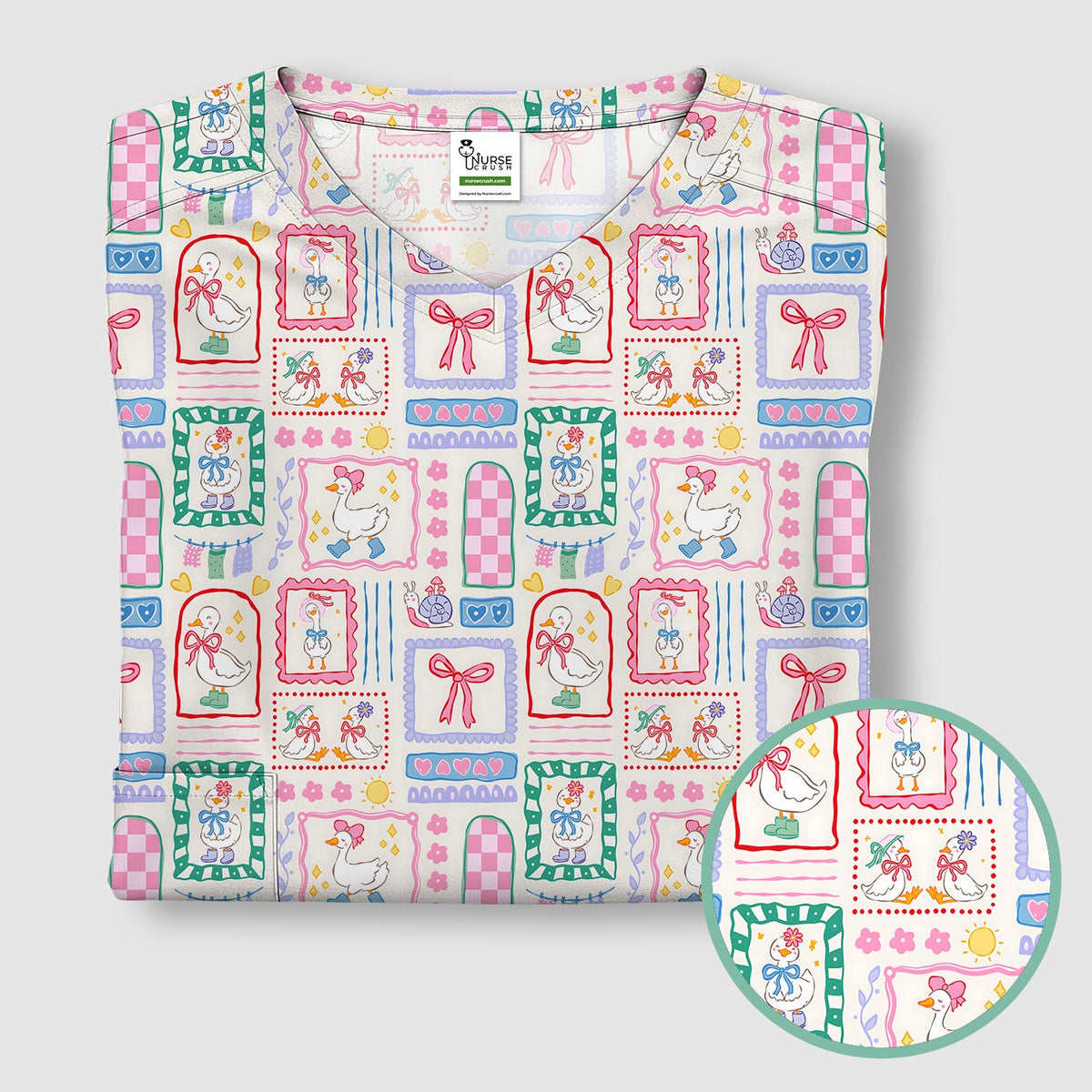 Adorable Goose Ribbon Patchwork Frame Nurse Scrub Top