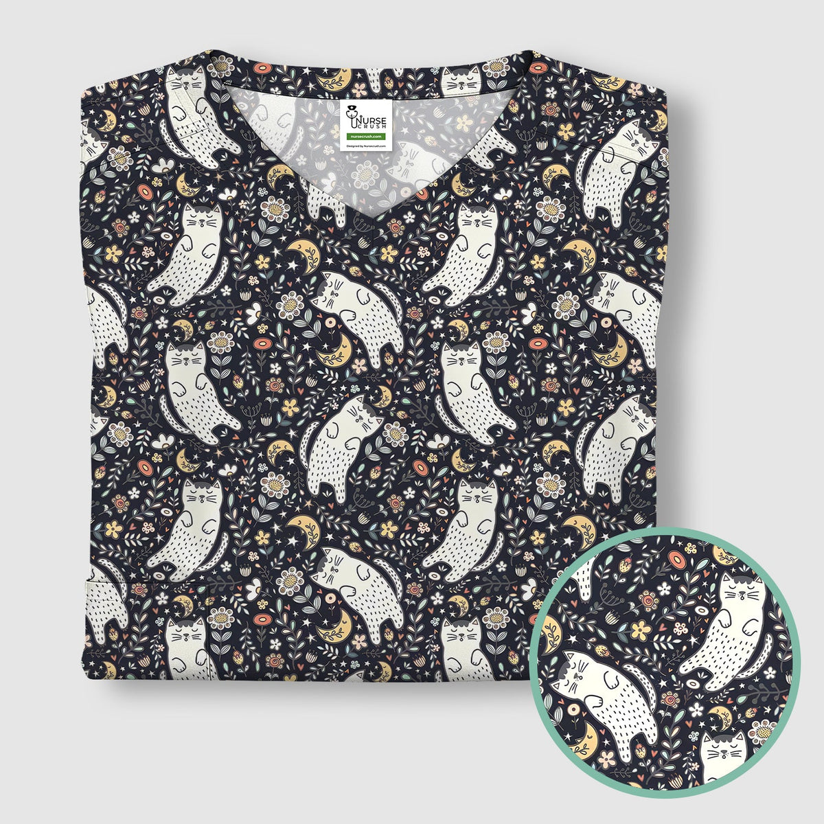 Moonlit Floral Cat Nurse Scrub Top