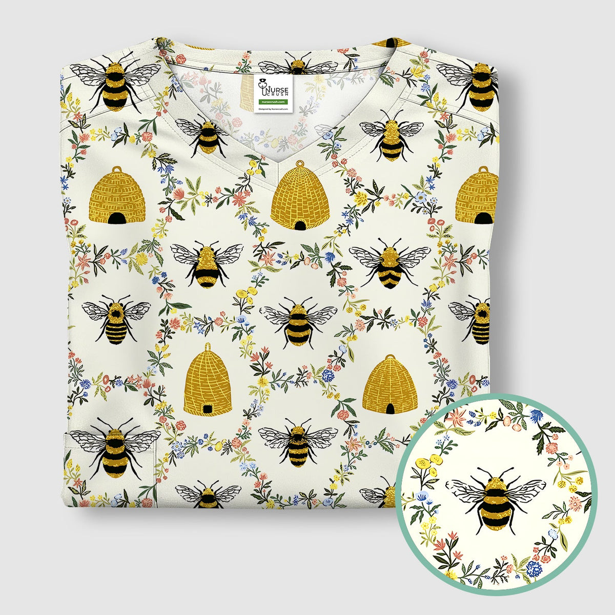 Honey Bee Beehive Floral Nurse Scrub Top
