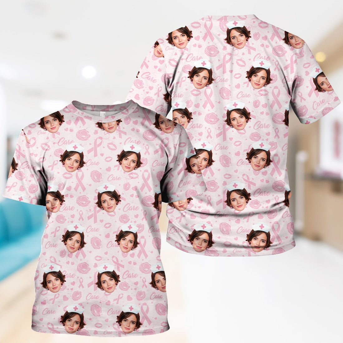 Personalized Pink Ribbon Breast Cancer Face Nurse Shirt
