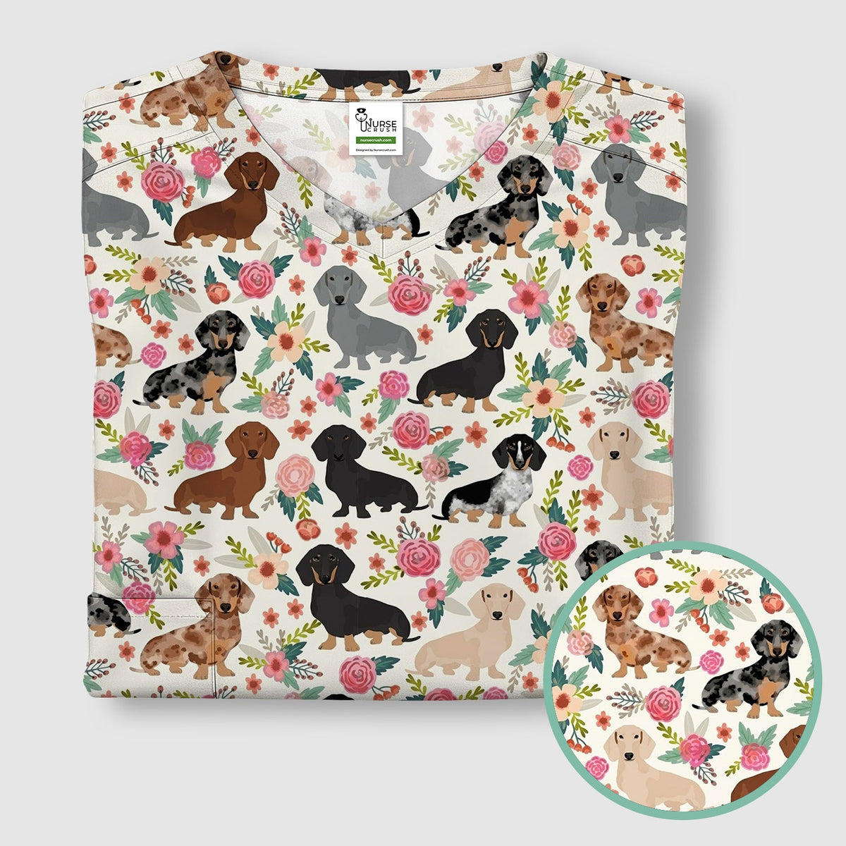 Adorable Dachshund Floral Pattern Scrub Top, Comfortable Scrubs For Nurses