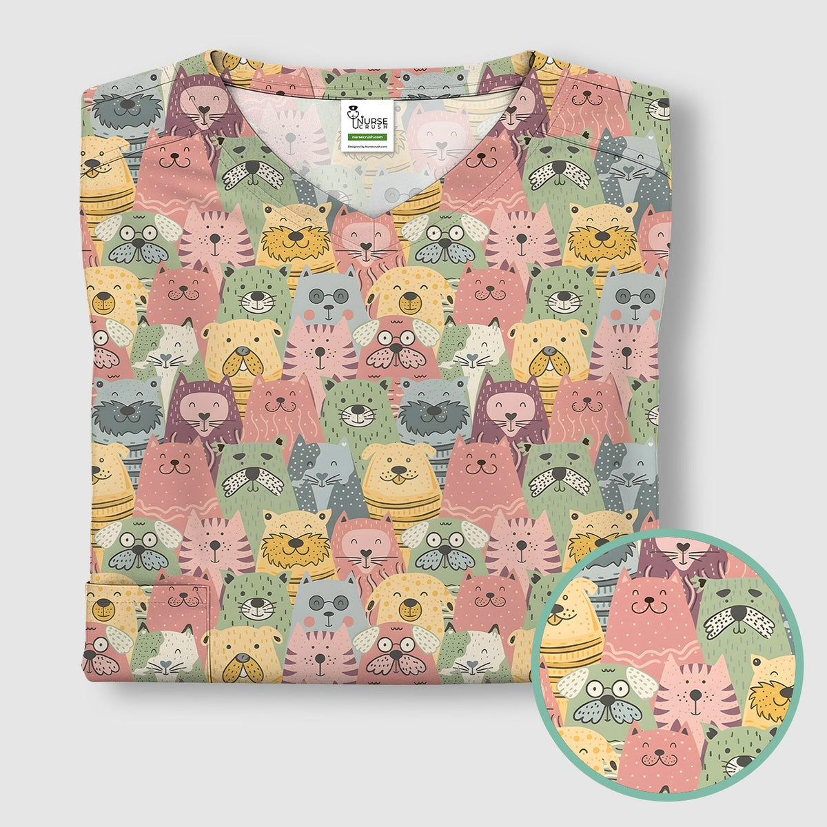 Cartoon Cat And Dog Faces Nurse Scrub Top