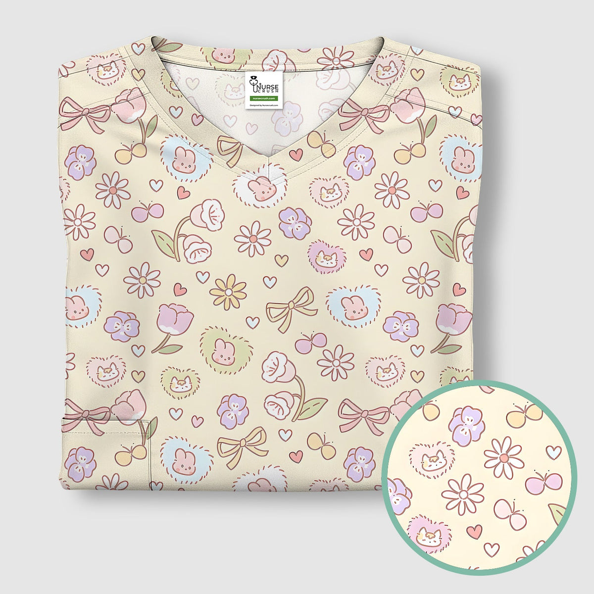Pastel Bunny Flower Heart Nurse Scrub Top